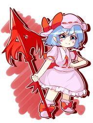1girl blue_eyes blue_hair blush_stickers bow chibi closed_mouth collared_shirt fang fang_out frilled_skirt frills full_body hat hat_bow highres holding holding_polearm holding_weapon light_smile medium_hair mikadukimo mob_cap pink_hat pink_shirt pink_shoes pink_skirt polearm puffy_short_sleeves puffy_sleeves red_bow red_ribbon remilia_scarlet ribbon ribbon-trimmed_headwear ribbon-trimmed_shirt ribbon_trim shirt shoes short_sleeves simple_background skirt sleeve_ribbon solo spear_the_gungnir touhou v-shaped_eyebrows weapon white_background