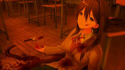 1girl arms_at_sides bags_under_eyes blazer blood blood_on_body blood_on_clothes blood_on_face blood_on_ground blood_on_hands blood_splatter blood_stain blood_trail bloody_knife blue_skirt breasts brown_jacket brown_sweater_vest button_gap buttons classroom collared_shirt corpse dark death desk doki_doki_literature_club doki_doki_literature_club_school_uniform dot_nose double-parted_bangs dress_shirt empty_eyes eyebrows_hidden_by_hair fallen_down fingernails game_cg grey_jacket hair_between_eyes hair_intakes hair_ornament hairclip half-closed_eyes highres horror_(theme) impossible_clothes indoors injury jacket knife large_breasts leaning_back leaning_on_object light_smile long_eyelashes long_hair long_sidelocks long_sleeves neck_ribbon non-web_source official_art on_floor open_hands parted_lips pleated_skirt pool_of_blood purple_eyes purple_hair raised_inner_eyebrows red_ribbon ribbon satchely school school_desk school_uniform self-harm shirt sidelocks sitting skirt smile solo spoilers stab suicide sunlight sunset sweater_vest teeth thick_eyelashes upper_body variant_set very_long_hair wing_collar wooden_chair wooden_desk wooden_floor yuri_(doki_doki_literature_club)