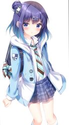 1girl :o aqua_bow backpack bag blue_bag blue_eyes blue_hair blue_jacket blue_necktie blue_skirt blush bow brown_necktie cat_hair_ornament collared_shirt commentary_request drawstring fuiba_fuyu gochuumon_wa_usagi_desu_ka? gradient_hair hair_bow hair_bun hair_ornament hairclip highres hood hood_down hooded_jacket jacket long_sleeves looking_at_viewer medium_hair multicolored_hair necktie open_clothes open_jacket open_mouth pizzzica plaid_clothes plaid_skirt pleated_skirt purple_hair shirt single_side_bun skirt solo striped_necktie two-tone_hair two-tone_necktie white_background white_shirt