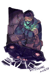 Rule 34 | 1boy, absurdres, arm on knee, armband, artist name, black eyes, black gloves, black hair, black jacket, black scarf, brown pants, commentary, covered mouth, dated, drone, echo (rainbow six siege), full body, gloves, highres, hua ha jiazi, jacket, knee pads, long sleeves, looking at viewer, male focus, military operator, pants, rainbow six siege, scarf, scarf over mouth, short hair, sitting, solo, symbol-only commentary, very short hair, white background