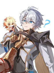 Rule 34 | 2boys, ?, anger vein, antenna hair, arm tattoo, armor, black choker, black shirt, blonde hair, blue eyes, chibi, choker, clawed gauntlets, clothes tug, coat, gradient hair, hashtag-only commentary, honkai: star rail, honkai (series), looking at another, male focus, multicolored hair, multiple boys, mydei (honkai: star rail), nanzhu kyomooo, parted bangs, pauldrons, phainon (honkai: star rail), red hair, red tattoo, shirt, short hair, shoulder armor, simple background, single pauldron, tattoo, white background, white coat, white hair, yellow eyes