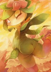 1girl absurdres arm_up ass blush cloud colored_sclera colored_skin dutch_angle female_focus flat_chest flower from_behind gradient_sky green_hair green_leotard green_skin hair_flower hair_ornament highres hisuian_lilligant leaf leg_up leotard looking_at_viewer looking_back monster_girl multicolored_skin nintendo no_mouth one_eye_closed orange_sky outdoors outstretched_arm pine_tree pink_flower pink_sclera pink_skin plant_girl pokemon pokemon_(creature) redtrain short_hair sidelocks sky solo standing standing_on_one_leg strapless strapless_leotard sunset swept_bangs thighs tree white_eyes white_skin wink yellow_sky