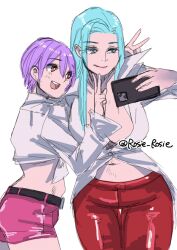 2girls artist_name belt black_belt breasts closed_mouth commentary darkstalkers green_eyes green_hair hair_between_eyes height_difference holding holding_phone large_breasts light_blush lilith_(darkstalkers) long_hair long_sleeves morrigan_aensland multiple_girls open_mouth pants phone purple_hair purple_shorts red_eyes red_pants rosie_rosie selfie shirt short_hair shorts simple_background smile taking_picture teeth tied_shirt twitter_username unbuttoned unbuttoned_shirt upper_teeth_only v white_background white_shirt