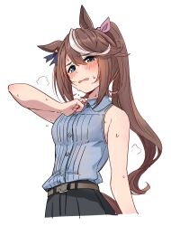 Rule 34 | 1girl, alternate costume, bare shoulders, belt, black skirt, blue eyes, blue shirt, bow, breasts, brown belt, brown hair, collared shirt, commentary request, ear ornament, frown, hair between eyes, hair bow, highres, ido (teketeke), long hair, multicolored hair, pink bow, ponytail, shirt, simple background, skirt, sleeveless, sleeveless shirt, small breasts, solo, streaked hair, sweat, tokai teio (umamusume), umamusume, white background, white hair