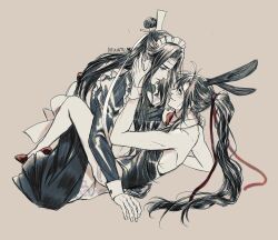 Rule 34 | 2boys, ahoge, alternate costume, animal ears, apron, artist name, bare arms, bare legs, bare shoulders, black dress, black hair, black leotard, blush, bow, bowtie, closed mouth, crossdressing, detached collar, dress, enmaided, eye contact, fake animal ears, fake tail, frilled apron, frills, hair ribbon, hand on another&#039;s face, hand up, headband, high heels, highres, kneeling, lan wangji, leotard, long hair, long sleeves, looking at another, lying, maid, maid apron, maid headdress, male focus, male playboy bunny, minataka94, modao zushi, monochrome, multiple boys, playboy bunny, ponytail, profile, rabbit ears, rabbit tail, red bow, red bowtie, red ribbon, red shoes, ribbon, shoes, sidelocks, simple background, sitting, smile, spot color, spread legs, tail, topknot, trap, wei wuxian, white headband, wrist cuffs, xiao guan (headdress), yaoi