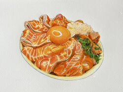 Rule 34 | bowl, colored pencil (medium), commentary request, egg yolk, fish (food), food, food focus, grey background, highres, manmosu-0607, no humans, original, rice bowl, salmon, traditional media