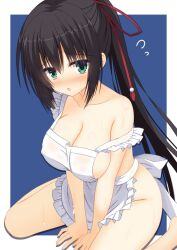 Rule 34 | 1girl, :o, alternate costume, amagiri yune, amairo islenauts, apron, arm support, bare shoulders, barefoot, black hair, blue background, blush, border, breasts, cleavage, collarbone, commentary request, covered erect nipples, embarrassed, flying sweatdrops, foot out of frame, frilled apron, frills, furrowed brow, green eyes, groin, hair between eyes, hair ribbon, kanaya (cybelekanaya), large breasts, long hair, looking at viewer, naked apron, nose blush, open mouth, outside border, ponytail, red ribbon, ribbon, sideboob, simple background, sitting, solo, straight hair, strap slip, sweat, thighs, very long hair, wariza, white apron, white border