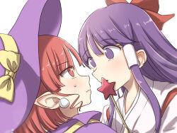 Rule 34 | 2girls, bow, covering own mouth, earrings, hair bow, hair tubes, hakurei reimu, hakurei reimu (pc-98), hat, hat bow, highres, holding, holding wand, japanese clothes, jewelry, kimono, kirisame marisa, kirisame marisa (pc-98), long hair, long sleeves, miko, multiple girls, no pupils, pointy ears, purple eyes, purple hair, red bow, red eyes, red hair, ribbon, shimalice, short hair, story of eastern wonderland, touhou, touhou (pc-98), wand, wide sleeves, witch hat