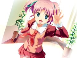 1girl ars_magna bag blue_eyes female_focus game_cg ichijou_anzu koutaro necktie non-web_source open_mouth pink_hair red_hair running school_bag school_uniform short_hair short_twintails skirt solo twintails waving