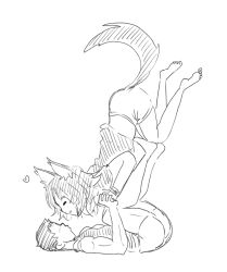 1boy 1girl animal_ears animal_hands balancing biceps claws dog_bog dot_nose exercising full_body heart holding_hands interlocked_fingers latenight monster_girl monster_musume_no_iru_nichijou polt short_shorts shorts tank_top yoga