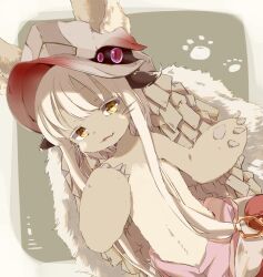 1other androgynous animal_ear_fluff animal_ears animal_hands black_horns body_fur brown_fur claws commentary_request ears_through_headwear fake_horns fang furry grey_helmet hair_ornament hand_on_own_chest helmet highres horizontal_pupils horned_helmet horns long_hair long_sidelocks looking_at_viewer made_in_abyss mai_(12mai0426) multicolored_fur multicolored_helmet nanachi_(made_in_abyss) other_focus pants parted_lips paw_print paw_print_background pelt pink_pants rabbit_ears red_helmet sidelocks smile solo standing tongue two-tone_fur two-tone_helmet upper_body white_fur white_hair yellow_eyes