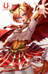 1girl amekudaki animal_ears blush cape chain commentary copyright_name covered_navel cowboy_shot crown epaulettes gold_chain hair_between_eyes highres holding holding_staff horse_ears horse_girl horse_tail horseshoe jewelry looking_at_viewer mini_crown multiple_rings open_mouth orange_hair orange_tail pink_cape purple_eyes reaching reaching_towards_viewer ring short_hair simple_background smile solo sparkle staff t.m._opera_o_(umamusume) tail teeth thighhighs umamusume upper_teeth_only white_background white_thighhighs
