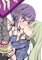 Rule 34 | 2girls, absurdres, bang dream!, bang dream! it&#039;s mygo!!!!!, blue dress, blush, cake, cellphone, choker, commentary request, dress, english text, food, frilled choker, frills, green hair, grey shirt, hand on another&#039;s shoulder, happy birthday, heart, highres, holding, holding cake, holding food, holding own arm, holding phone, kiss, long hair, long sleeves, md5 mismatch, multiple girls, off-shoulder shirt, off shoulder, phone, pink eyes, purple hair, revision, selfie, shirt, shourai, simple background, smartphone, wakaba mutsumi, white background, yellow eyes, yuri, yuutenji nyamu