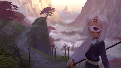 1girl bad_id bad_pixiv_id body_markings braid commentary cyclops dark-skinned_female dark_skin eyelashes facial_mark facial_tattoo female_focus fog french_braid gino_(gino_h) highres holding long_hair looking_at_viewer mountain one-eyed original outdoors path red_eyes road scenery solo tattoo tree tribal white_hair