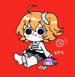 1girl ahoge black_eyes blush boots chewing chibi fate/grand_order fate_(series) fishnet_pantyhose fishnets fujimaru_ritsuka_(female) hair_ornament hair_scrunchie looking_at_viewer martha_(fate) odetooo one_side_up orange_hair pantyhose scrunchie shirt side_ponytail solo translation_request white_boots white_shirt