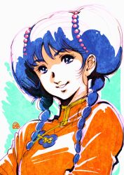 1980s_(style) 1girl blue_eyes braid china_dress chinese_clothes choujikuu_yousai_macross dress kotobuki_tsukasa long_hair looking_at_viewer lynn_minmay macross oldschool retro_artstyle smile solo twin_braids