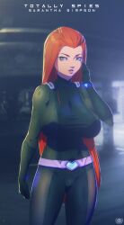 absurdres anthonio_amaury bodysuit breasts cameltoe green_bodysuit green_eyes highres large_breasts lips long_hair looking_at_viewer metal_belt orange_hair red_hair sam_(totally_spies) smile tight_clothes totally_spies whoop_catsuit