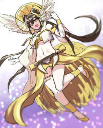 1girl black_hair bracelet breasts duel_monster earrings feathered_wings feathers full_body gold_thighlet high_heels jewelry kaiyumaguro long_hair long_sleeves looking_at_viewer medium_breasts midriff navel ohime_the_manifested_mikanko open_mouth smile solo stomach thighs wings yu-gi-oh!