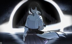 1girl :d ^_^ absurdres arknights arm_at_side backlighting black_hair black_hairband black_skirt black_sun bow bowtie closed_eyes cowboy_shot facing_viewer grey_bow grey_bowtie grin hair_between_eyes hairband highres krovi_1708 light_particles long_sleeves medium_hair open_mouth outstretched_arm outstretched_hand pouch priestess_(arknights) reaching reaching_towards_viewer skirt smile solo standing star_(symbol) sun sweater traditional_bowtie turtleneck turtleneck_sweater white_sweater wind