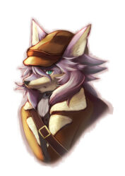 1boy absurdres animal_ears blue_eyes brown_hat brown_jacket closed_mouth commentary_request fate/grand_order fate_(series) fur-trimmed_jacket fur_trim furry furry_male grey_fur grey_hair hat highres jacket long_hair looking_at_viewer male_focus patxi_(fate) strap white_background wolf_boy wolf_ears yongoki