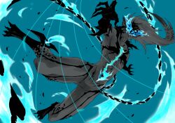 Rule 34 | 1boy, absurdres, arrancar, bleach, bleach: brave souls, blue background, blue fire, blue sclera, clawed feet, claws, colored sclera, crown, dynamic pose, evil smile, eyeliner, fangs, fire, floating, floating hair, glowing scar, grimmjow jaegerjaquez, hair between eyes, highres, incoming attack, leopard print, ken&#039;ichi (ken1ro u), leg blade, limited palette, long hair, makeup, male focus, monster boy, multicolored hair, multiple tails, pointy ears, scar, smile, tail, topless male, two-tone hair