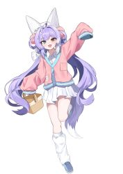 1girl ahoge blue_eyes daanroh fang fox_girl hair_ornament hair_rings heterochromia highres long_hair multicolored_hair open_mouth pleated_skirt pom_pom_(clothes) pom_pom_hair_ornament purple_hair purple_tail simple_background skirt sleeves_past_fingers sleeves_past_wrists solo stellive streaked_hair tenko_shibuki two-tone_tail virtual_youtuber white_background white_hair white_skirt yellow_eyes