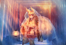 1girl animal_ears creatures_(company) female_focus fingerless_gloves fox_ears fox_tail full_body game_freak gen_1_pokemon gloves lantern long_hair magatama moe_(hamhamham) ninetales nintendo outdoors paper_lantern personification pokemon rain red_eyes solo standing tail twintails very_long_hair wide_sleeves wristband