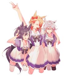 Rule 34 | 3girls, :d, ;q, animal ear piercing, animal ears, annoyed, arm around shoulder, arm up, axel syrios, banzoin hakka, bare arms, black bow, black bowtie, black hair, black nails, black thighhighs, blonde hair, blue eyes, bow, bowtie, braid, breasts, clenched teeth, closed eyes, commentary, cropped legs, ear bow, extra ears, gavis bettel, genderswap, genderswap (mtf), grey eyes, grey hair, hair between eyes, heterochromia, highres, holostars, holostars english, horse ears, horse girl, horse tail, horseshoe ornament, long hair, lynnear, medium breasts, multicolored hair, multiple girls, nail polish, one eye closed, open mouth, pink hair, pleated skirt, ponytail, puffy short sleeves, puffy sleeves, purple eyes, red bow, red hair, school uniform, short sleeves, side braid, simple background, single braid, skirt, smile, tail, teeth, thighhighs, tongue, tongue out, tracen school uniform, two-tone hair, virtual youtuber, w, white background, white thighhighs, zettai ryouiki