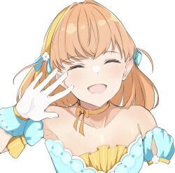 1girl :d ^_^ armpit_crease armpits bare_shoulders blue_dress blush breasts celebration!_(love_live!) cleavage closed_eyes collarbone commentary crossed_bangs detached_sleeves dress facing_viewer flower_hairband gloves hair_intakes hairband highres hinoshita_kaho link!_like!_love_live! love_live! medium_breasts medium_hair open_hand open_mouth orange_hair short_sleeves simple_background smile solo strapless strapless_dress tomoe_(tomoe_200) two_side_up upper_body virtual_youtuber waving white_background white_gloves yellow_hairband