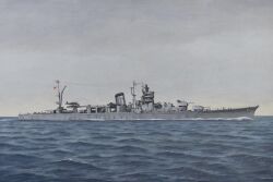 absurdres acrylic_paint_(medium) aircraft airplane atelier_bono crane_(machine) cruiser highres imperial_japanese_navy mast military_vehicle no_humans ocean original painting_(medium) seaplane ship ship_turret sky smokestack traditional_media vehicle_focus warship watercraft yahagi_(cruiser)