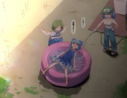 Rule 34 | 3girls, bare shoulders, barefoot, blue dress, blue hair, blue overalls, blush, breasts, cirno, closed eyes, closed mouth, daiyousei, dress, fairy, fairy wings, from above, full body, gloves, green hair, highres, in water, kawashiro nitori, large breasts, lying, medium hair, multiple girls, navel, on back, open mouth, overalls, pool, sandals, short sleeves, shundou heishirou, side ponytail, speech bubble, sweat, tank top, touhou, two side up, white gloves, white tank top, wings