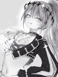 Rule 34 | 1girl, absurdres, asymmetrical sleeves, breasts, cropped jacket, flat chest, halo, highres, hololive, long hair, looking at viewer, midriff, monochrome, multicolored hair, nanashi (nlo), navel, official alternate costume, ponytail, smile, solo, sparkle, streaked hair, tokoyami towa, tokoyami towa (break your xxx), virtual youtuber, white background