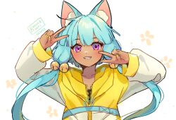 1girl animal_ear_fluff animal_ears arm_up bell blue_hair blush collarbone dark-skinned_female dark_skin dated floral_background grin hair_bell hair_ornament hand_up hood hood_down hooded_jacket jacket jingle_bell kobutanori long_sleeves looking_at_viewer low_twintails nail_polish original puffy_long_sleeves puffy_sleeves purple_eyes signature simple_background sleeves_past_wrists smile solo twintails white_background yellow_jacket yellow_nails