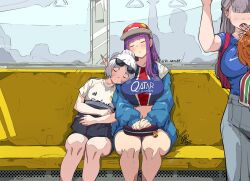 4girls adidas bag blunt_bangs blush breasts closed_eyes collarbone commentary contemporary elf eyewear_on_head fern_(sousou_no_frieren) frieren grey_hair hair_bun handbag hat holding jersey jk_arts kanne_(sousou_no_frieren) large_breasts lawine_(sousou_no_frieren) long_hair medium_breasts medium_hair mixed-language_commentary multiple_girls navel open_mouth orange_hair pants paris_saint-germain parted_bangs pointy_ears purple_hair real_madrid se_palmeiras shirt short_hair shorts sitting sleeping sleeping_on_person small_breasts soccer_uniform sousou_no_frieren sportswear striped_clothes subway train_interior twitter_username white_hair