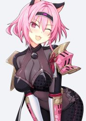 1girl animal_ears black_bodysuit black_hairband blush bodysuit breasts cat_ears cleavage guchiaki hair_between_eyes hairband large_breasts looking_at_viewer neptune_(series) ninja one_eye_closed open_mouth pink_eyes pink_hair senran_kagura senran_nin_nin_ninja_taisen_neptune:_shoujo-tachi_no_kyouen short_hair simple_background solo white_background yuuki_(senran_nin_nin_ninja_taisen_neptune_shoujo_no_kyouen)