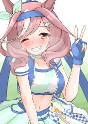 1girl animal_ears blue_gloves blue_headband blush bow breasts brown_hair choda choker collarbone crop_top fingerless_gloves gloves green_background green_bow green_choker grin headband heavy_breathing highres horse_ears horse_girl jacket large_breasts matikane_tannhauser_(blue_turbulence)_(umamusume) matikane_tannhauser_(umamusume) midriff nail_polish navel official_alternate_costume one_eye_closed smile solo stomach sweat teeth umamusume v white_background yellow_eyes