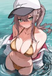 1girl ar-57_(girls&#039;_frontline) baseball_cap bikini blush breasts clothes_pull ear_piercing girls&#039;_frontline gold_bikini golden_week golden_week_bikini green_eyes hat highres jacket jacket_pull large_breasts long_hair long_sleeves looking_at_viewer navel partially_submerged piercing pink_hair ponytail r_scrubed solo swimsuit water wet white_jacket