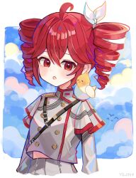 Rule 34 | 1girl, ahoge, animal, animal on shoulder, arms at sides, belt, bird, bird on shoulder, black belt, blue sky, blush, bow, buttons, cloud, cropped torso, double-breasted, double-parted bangs, drill hair, flat chest, grey jacket, grey skirt, hair bow, hair ribbon, hashtag-only commentary, highres, jacket, kasane teto, kasane teto (sv), looking at animal, midriff peek, musical staff, musical staff print, red eyes, red hair, red trim, ribbon, shoulder belt, shoulder boards, simple bird, skirt, sky, smile, solo, striped clothes, striped jacket, synthesizer v, twin drills, upper body, utau, white background, white bow, white ribbon, ysaster02