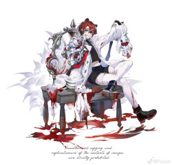 1boy absurdres animal_ears bear_ears belt belt_buckle black_belt black_boots black_shirt black_shorts blood blood_drip blood_on_clothes blue_eyes boots buckle buttons chain chinese_commentary coat collared_coat commentary_request crossed_legs desk english_text eyelashes flower full_body grin hair_between_eyes happy highres holding holding_stuffed_toy kuuus lapels long_sleeves midriff mirror multicolored_hair navel notched_lapels on_desk open_clothes open_coat original pool_of_blood red_hair shirt short_hair shorts simple_background sitting sleeve_cuffs sleeves_past_fingers sleeves_past_wrists smile solo streaked_hair stuffed_animal stuffed_rabbit stuffed_toy teddy_bear thighhighs torn_clothes torn_coat watermark weibo_watermark white_background white_coat white_flower white_hair white_thighhighs