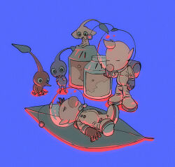 2boys backpack bad_tag bag bags_under_eyes big_nose black_eyes blonde_hair blue_background blue_bag blue_gloves blue_pikmin blue_skin brown_hair buttons closed_eyes colored_shadow colored_skin gloves hand_on_own_chin hands_on_own_cheeks hands_on_own_face helmet highres jar juice leaf looking_at_another louie_(pikmin) lying male_focus multiple_boys nintendo no_mouth olimar on_back on_leaf oversized_food oversized_object pikmin_(creature) pikmin_(series) pikmin_3 pointy_ears pointy_nose radio_antenna red_bag red_gloves red_pikmin red_skin shadow short_hair simple_background sitting space_helmet spacesuit triangle_mouth unconscious very_short_hair whistle yellow_pikmin yellow_skin yu_pikmin