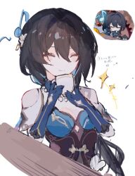 1girl bare_shoulders black_hair blush closed_eyes cup hair_ornament highres holding holding_cup honkai:_star_rail honkai_(series) jewelry necklace nonoko_(1k6sx1encx45226) ruan_mei_(honkai:_star_rail) simple_background white_background