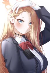 1girl 2_saya absurdres asymmetrical_bangs black_jacket blonde_hair blue_archive blush bow bowtie breasts commentary forehead gloves halo hand_on_own_head highres jacket large_breasts light_smile long_hair looking_at_viewer official_alternate_costume pina_(blue_archive) pina_(guide)_(blue_archive) red_bow red_bowtie shirt solo straight_hair upper_body very_long_hair white_gloves white_shirt