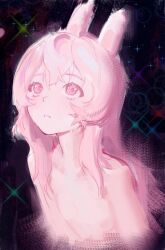 1girl animal_ears blush colored_skin commentary cursedweeboo english_commentary flat_chest glowing long_hair looking_up phase_connect pink_eyes pink_hair pink_skin pipkin_pippa rabbit_ears rabbit_girl solo sparkle virtual_youtuber