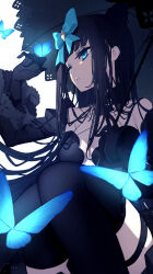 1girl arcaea bare_shoulders black_dress black_gloves black_hair blue_eyes blunt_bangs bow breasts bug butterfly butterfly_hair_ornament cleavage collarbone crystal_wings dress earrings from_below garter_straps gloves hair_bow hair_ornament highres insect jewelry large_breasts long_hair long_sleeves niro_(sikabanekurui) solo tairitsu_(arcaea) tairitsu_(tempest)_(arcaea) thighhighs thighs