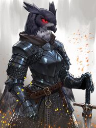 Rule 34 | armor, beak, belt, bird, black armor, breastplate, chainmail, colored sclera, embers, feathers, gauntlets, highres, knight, nonoka917, owl, pauldrons, personification, red sclera, shoulder armor, sword, weapon