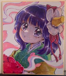 1girl :o aura commentary_request flower green_kimono hieda_no_akyuu highres japanese_clothes kimono medium_hair purple_hair solo touhou traditional_media umebitan upper_body white_flower yellow_kimono