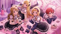4girls bag bed blonde_hair blue_eyes bottle bow brown_eyes brown_hair cosmetics cup drinking_glass frilled_skirt frills game_cg grey_eyes hair_bow hairband hand_mirror handbag high-waist_skirt high_heels holding hoshii_miki idolmaster idolmaster_million_live! idolmaster_million_live!_theater_days julia_(idolmaster) lying mirror miyao_miya momose_rio multiple_girls official_art on_stomach pillow pink_eyes red_hair sitting skirt smile stuffed_animal stuffed_toy table teddy_bear thick_eyebrows thighhighs wine_glass