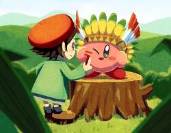 1girl adeleine aruco_co beret black_hair black_socks blue_eyes blue_sky blush_stickers brown_shoes closed_mouth coat commentary copy_ability drawing_(action) drawing_on_another&#039;s_face facepaint grass green_coat hat headdress hill kirby kirby_(series) looking_at_another loose_socks native_american_headdress nintendo on_tree_stump one_eye_closed open_mouth outdoors red_hat shoes short_hair sky smile socks standing tree_stump wing_kirby