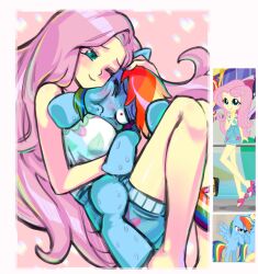 Rule 34 | 1girl, ;), absurdres, animal, animal hug, bare arms, bare shoulders, blue shorts, border, breasts, ceitama oppai, closed mouth, colored skin, commentary request, feet out of frame, fluttershy, fluttershy (equestria girls), frown, green eyes, heart, heart background, high-waist shorts, highres, holding, holding animal, knees up, leaf print, long hair, looking at animal, looking at viewer, medium breasts, multicolored hair, my little pony, my little pony: equestria girls, my little pony: friendship is magic, official alternate costume, one eye closed, pink background, pink eyes, pink hair, rainbow dash, rainbow hair, raised inner eyebrows, reference inset, shirt, shirt tucked in, short shorts, shorts, simple background, sleeveless, sleeveless shirt, smile, sweat, very long hair, white border, white shirt, wide-eyed, yellow skin