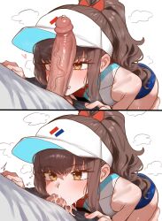 1boy 1girl absurdres cum cum_in_mouth ebora fate/extra fate/grand_order fate_(series) fellatio highres kishinami_hakuno_(female) large_penis looking_at_penis oral penis penis_awe penis_on_face ponytail visor_cap yellow_eyes
